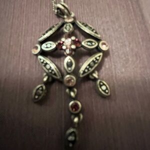 Women's Vintage-Style Silver- tone Pendant Necklace with Purple and Pink Stones